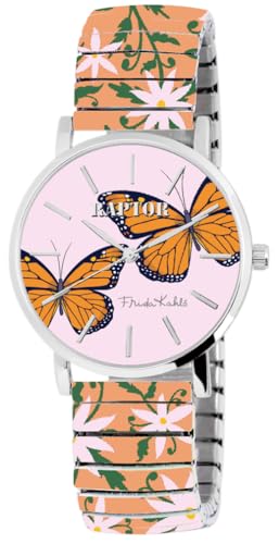 Raptor Damenarmbanduhr Frida Kahlo Edition mit Zugband (Mehrfarbig - stilisierte Blumen mit Schmetterlinge) von Raptor