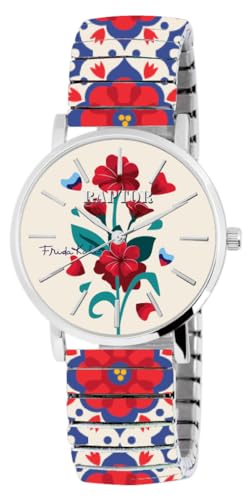 Raptor Damenarmbanduhr Frida Kahlo Edition mit Zugband (Mehrfarbig - Weiß mit stilisierte Blumen) von Raptor