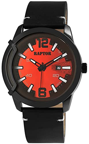 Raptor Davian Herren-Uhr Leder Datum Leuchtzeiger Analog Quarz RA20355 (schwarz rot) von Raptor