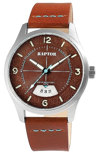 Raptor Falkor Herren-Uhr Leder Armband Datum Dornschließe 5 Bar Analog Quarz RA20376 (braun) von Raptor