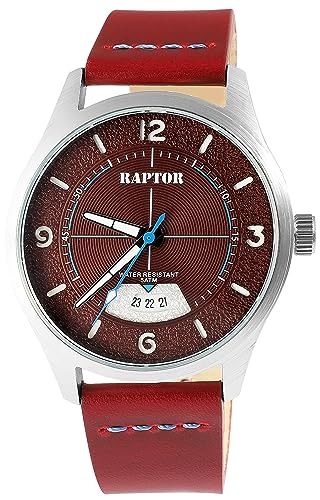 Raptor Falkor Herren-Uhr Leder Armband Datum Dornschließe 5 Bar Analog Quarz RA20376 (rot) von Raptor