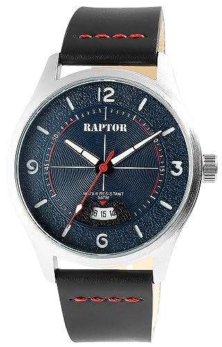 Raptor Falkor Herren-Uhr Leder Armband Datum Dornschließe 5 Bar Analog Quarz RA20376 (schwarz blau) von Raptor