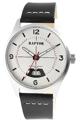 Raptor Falkor Herren-Uhr Leder Armband Datum Dornschließe 5 Bar Analog Quarz RA20376 (schwarz silberfarbig) von Raptor