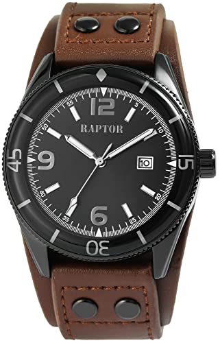 Raptor Gabin Herren-Uhr Datum Unterlegarmband Leder Analog Quarz RA20367 (braun) von Raptor