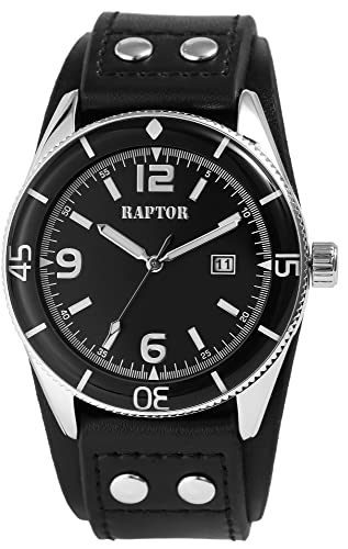 Raptor Gabin Herren-Uhr Datum Unterlegarmband Leder Analog Quarz RA20367 (schwarz) von Raptor