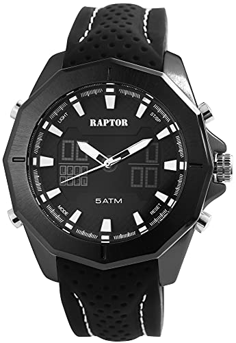 Raptor Hamabi Herren-Uhr Silikon Leuchtzeiger Stoppuhr Datum Analog Digital RA20328 (schwarz weiß) von Raptor