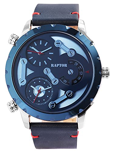 Raptor Herren-Uhr Echt Leder Armband 3 Zeitzonen Analog Quarz RA20285 (dunkelblau) von Raptor