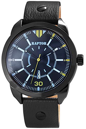 Raptor Herren-Uhr Echt Leder Armband Datum Leuchtende Zeiger Analog Quarz RA20283 (schwarz/schwarz) von Raptor