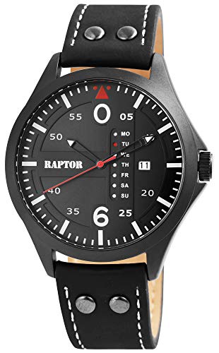 Raptor Herren-Uhr Echt Leder Armband Datum Wochentag Analog Quarz RA20264 (schwarz) von Raptor