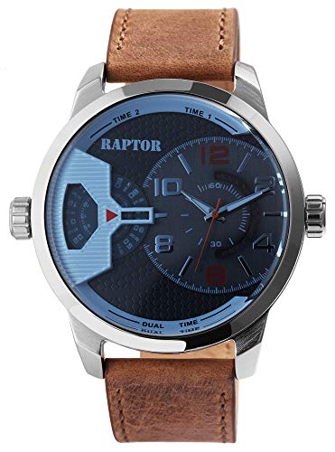 Raptor Herren-Uhr Echt Leder Armband Dual Time Leuchtzeiger Analog Quarz RA20289 von Raptor
