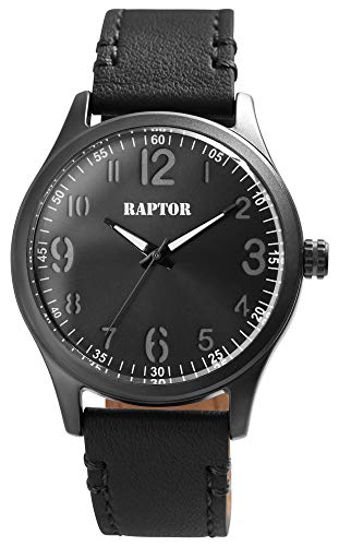 Raptor Herren-Uhr Echt Leder Armband Leuchtende rund Zeiger Analog Quarz RA20292 (schwarz/anthrazit) von Raptor