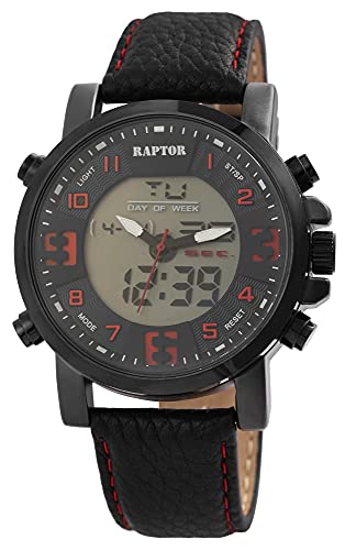 Raptor Herren-Uhr Echt Leder Datum 24 Stunden Alarm Analog Digital Quarz RA20310 (schwarz/schwarz) von Raptor