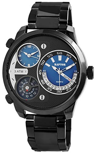 Raptor Herren-Uhr Edelstahl 3 Zeitzonen Leuchtzeiger Analog Quarz RA20252 (schwarz/schwarz) von Raptor