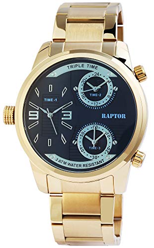 Raptor Herren-Uhr Edelstahl Armband Faltschließe 3 Zeitzonen Analog Quarz RA20296 (goldfarbig/schwarz) von Raptor