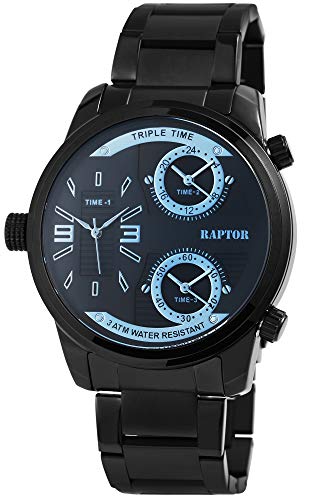 Raptor Herren-Uhr Edelstahl Armband Faltschließe 3 Zeitzonen Analog Quarz RA20296 (schwarz/schwarz) von Raptor
