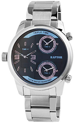 Raptor Herren-Uhr Edelstahl Armband Faltschließe 3 Zeitzonen Analog Quarz RA20296 (silberfarbig/schwarz/roségoldfarbig) von Raptor