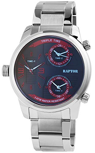 Raptor Herren-Uhr Edelstahl Armband Faltschließe 3 Zeitzonen Analog Quarz RA20296 (silberfarbig/schwarz/weiß) von Raptor