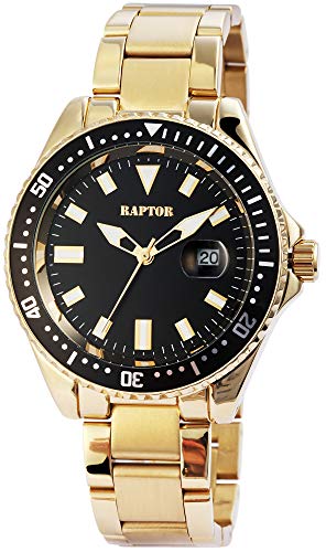 Raptor Herren-Uhr mit Edelstahl Gliederband Datumsanzeige Leuchtzeiger Durchmesser 43mm Analog Uhr goldfarbig schwarz von Raptor