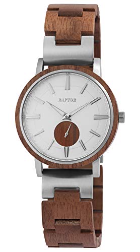 Raptor Herren-Uhr Holz Edelstahl Leuchtzeiger Leuchtindex Analog Quarz RA20331 (Walnussholz/Edelstahl silberfarbig) von Raptor