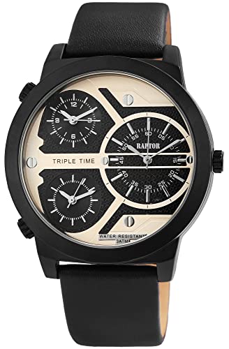 Raptor Herren-Uhr Leder 3 Zeitzonen Dornschließe Analog Quarz RA20218 (schwarz) von Raptor