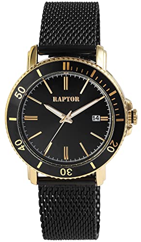 Raptor Herren-Uhr Nadim Edelstahl Meshband Datum Analog Quarz RA20341 (schwarz goldfarbig) von Raptor