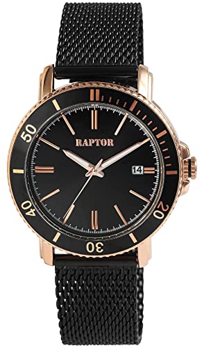 Raptor Herren-Uhr Nadim Edelstahl Meshband Datum Analog Quarz RA20341 (schwarz roségoldfarbig) von Raptor