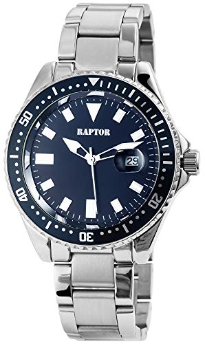 Raptor Herren-Uhr mit Edelstahl Gliederband Datumsanzeige Leuchtzeiger Durchmesser 43mm Analog Uhr silberfarbig blau von Raptor
