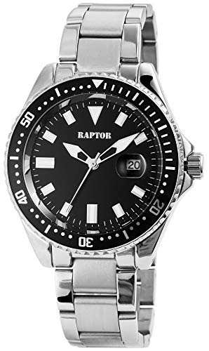 Raptor Herren-Uhr mit Edelstahl Gliederband Datumsanzeige Leuchtzeiger Durchmesser 43mm Analog Uhr silberfarbig schwarz von Raptor