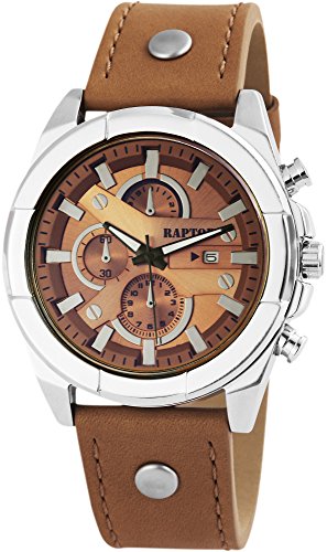 Raptor Herren-Uhr im Chrono-look mit genietetem Armband braun analog Datumsanzeige 26cm 48mm 24cm von Raptor