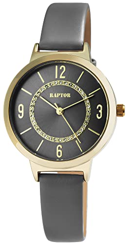 Raptor Lieke Damen-Uhr Leder Similistein Dornschließe Analog Quarz RA10228 (grau) von Raptor