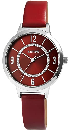 Raptor Lieke Damen-Uhr Leder Similistein Dornschließe Analog Quarz RA10228 (rot) von Raptor