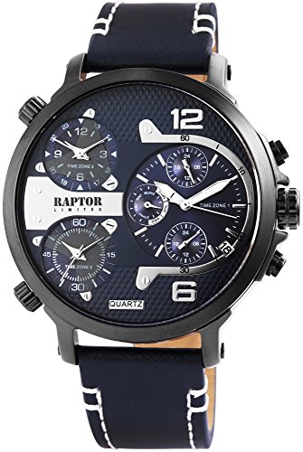 Raptor Limited Herren-Uhr Leder Armbanduhr blau weiß 3 Zeitzonen 24 Std. Anzeige Tachymeter Datums-/ Wochentaganzeige von Raptor