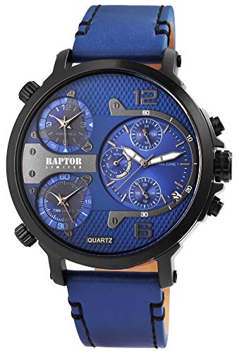 Raptor Limited Herren-Uhr Leder Armbanduhr blau 3 Zeitzonen Datums-/ Wochentaganzeige 24 Std. Anzeige Tachymeter Flieger von Raptor