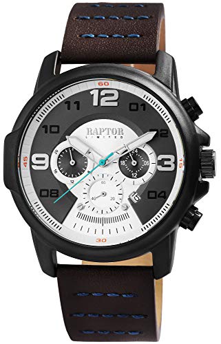 Raptor Limited Herren-Uhr Echt Leder Multifunktion Leuchtzeiger Analog Quarz RA20281 (Dunkelbraun) von Raptor