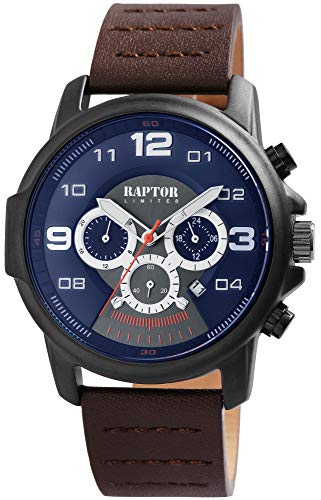 Raptor Limited Herren-Uhr Echt Leder Multifunktion Leuchtzeiger Analog Quarz RA20281 (Dunkelbraun/dunkelblau) von Raptor