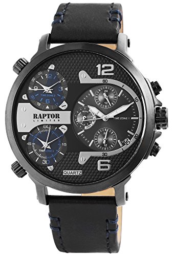 Raptor Limited Herren-Uhr Leder Armbanduhr grau schwarz 3 Zeitzonen 24 Std. Anzeige Tachymeter Datums-/ Wochentaganzeige von Raptor