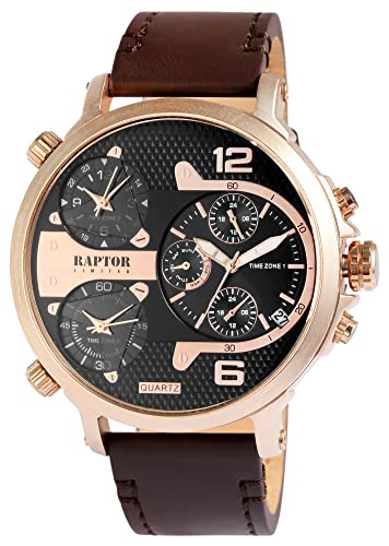 Raptor Limited Herren-Uhr Leder Armbanduhr braun roségoldfarbig 3 Zeitzonen Datums-/ Wochentaganzeige 24 Std. Tachymeter von Raptor