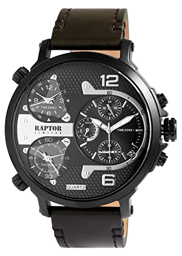 Raptor Limited Herren-Uhr Leder Armbanduhr schwarz goldfarbig 3 Zeitzonen Datums-/ Wochentaganzeige 24 Std. Tachymeter von Raptor