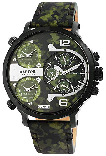 Raptor Limited Herren-Uhr Leder Armbanduhr grün Camouflage 3 Zeitzonen Datums-/ Wochentaganzeige 24 Std. Tachymeter von Raptor