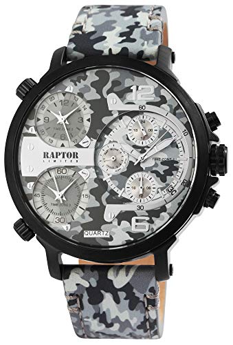 Raptor Limited Herren-Uhr Leder Armbanduhr weiß Camouflage 3 Zeitzonen Datums-/ Wochentaganzeige 24 Std. Tachymeter von Raptor