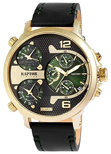 Raptor Limited Herren-Uhr Leder Armbanduhr schwarz goldfarbig 3 Zeitzonen Datums-/ Wochentaganzeige 24 Std. Tachymeter von Raptor