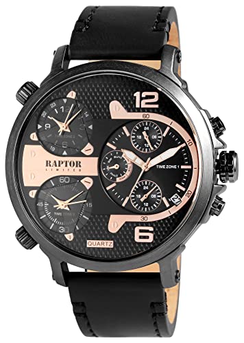 Raptor Limited Herren-Uhr Leder Armbanduhr schwarz roségoldfarbig Zeitzonen Datums-/ Wochentaganzeige 24 Std. Tachymeter von Raptor