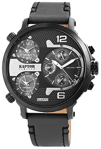 Raptor Limited Herren-Uhr Leder Armbanduhr grau schwarz 3 Zeitzonen 24 Std. Anzeige Tachymeter Datums-/ Wochentaganzeige von Raptor