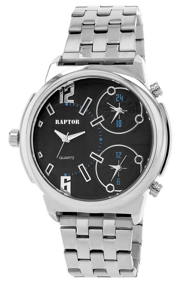 Raptor Quarzuhr Lucius Raptor Herrenuhr "Lucius" mit Edelstahlband, 3-Zeitzonen von Raptor