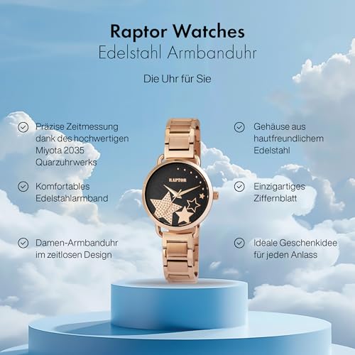 Raptor Shienne Damen-Uhr Edelstahl Faltschließe Analog Quarz RA10242 (roségoldfarbig) von Raptor