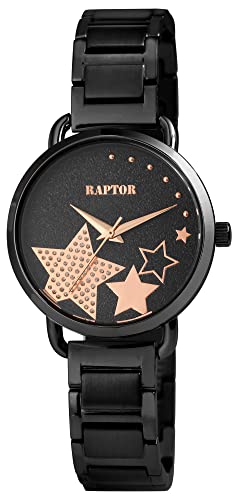 Raptor Shienne Damen-Uhr Edelstahl Faltschließe Analog Quarz RA10242 (schwarz roségoldfarbig) von Raptor