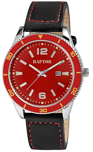 Raptor Simon Herren-Uhr Leder Datum Leuchtzeiger Analog Quarz RA20365 (schwarz rot) von Raptor
