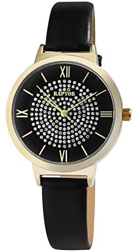 Raptor Tess Damen-Uhr Leder Similistein Dornschließe Analog Quarz RA10227 (schwarz goldfarbig) von Raptor