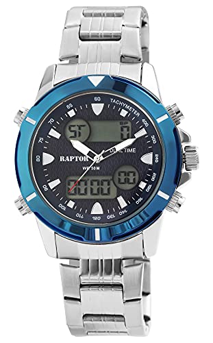 Raptor Veloc Herren-Uhr Edelstahl Stoppuhr Digital Analog Quarz RA20307 (silberfarbig blau) von Raptor