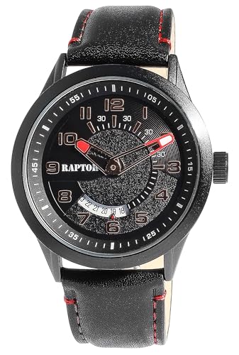 Raptor Yava Herren-Uhr Leder Dornschließe Datum Analog Quarz Geschenk Vatertag Geburtstag Weihnachten (schwarz) von Raptor